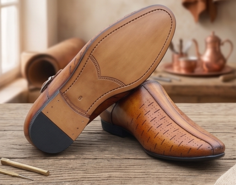 Burnished Light Tan Monk-Strap Perforated Shoes