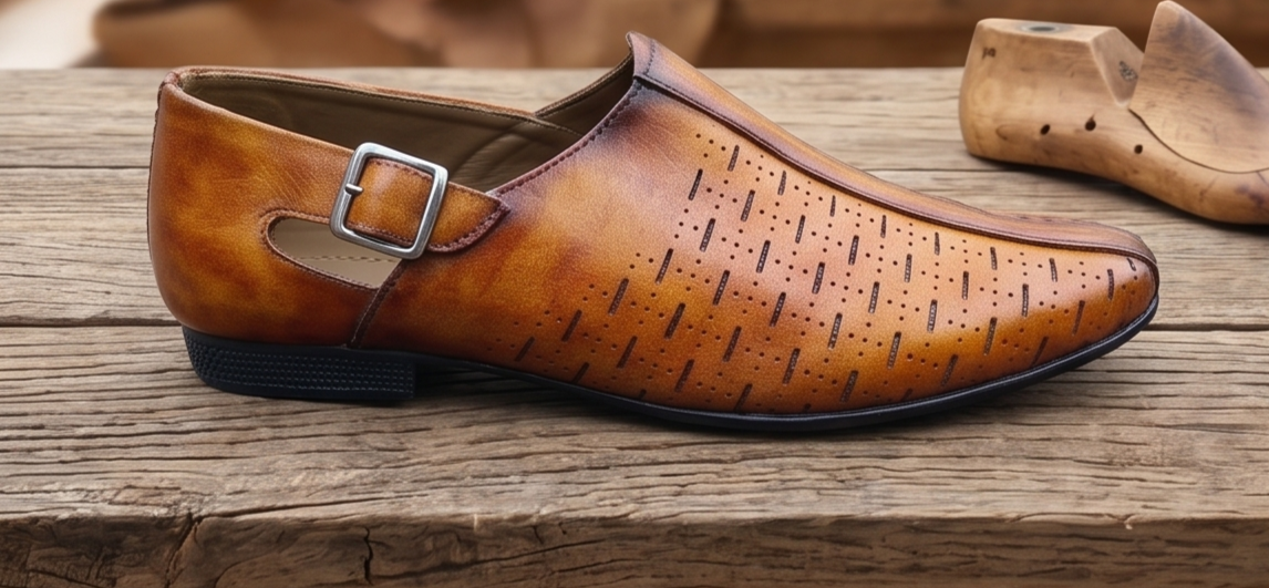 Burnished Light Tan Monk-Strap Perforated Shoes