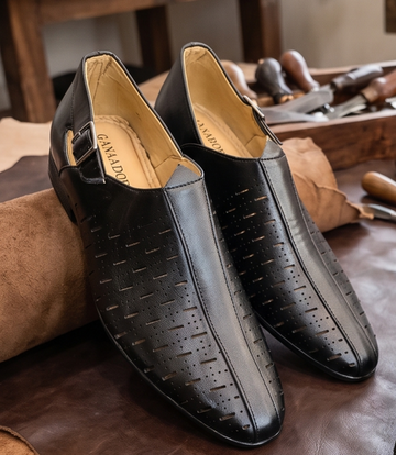 Black Monk-Strap Perforated Formal Slip-On Shoes