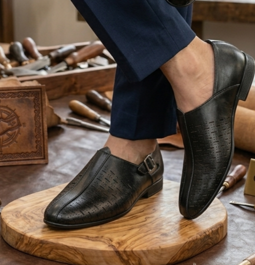 Black Monk-Strap Perforated Formal Slip-On Shoes