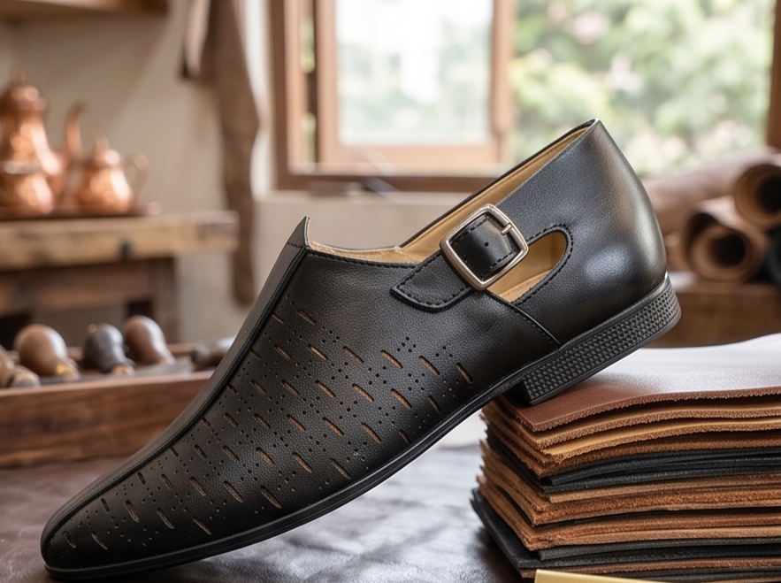 Black Monk-Strap Perforated Formal Slip-On Shoes