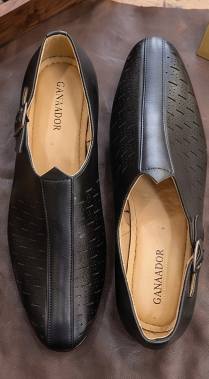Black Monk-Strap Perforated Formal Slip-On Shoes