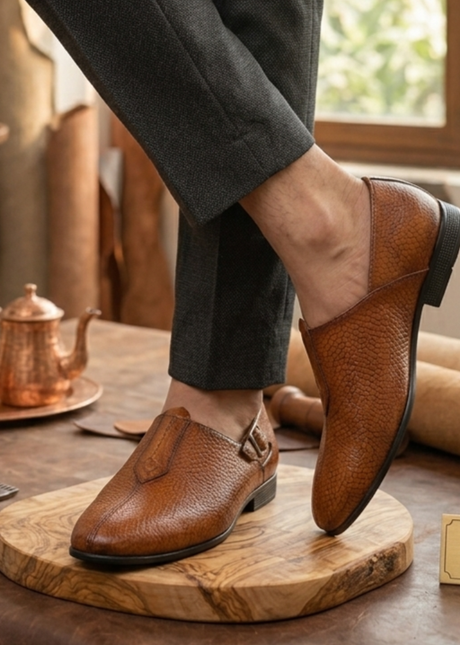 Textured Tan Pebble-Grain Formal Slip-On Shoes