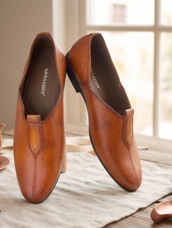 Textured Tan Pebble-Grain Formal Slip-On Shoes