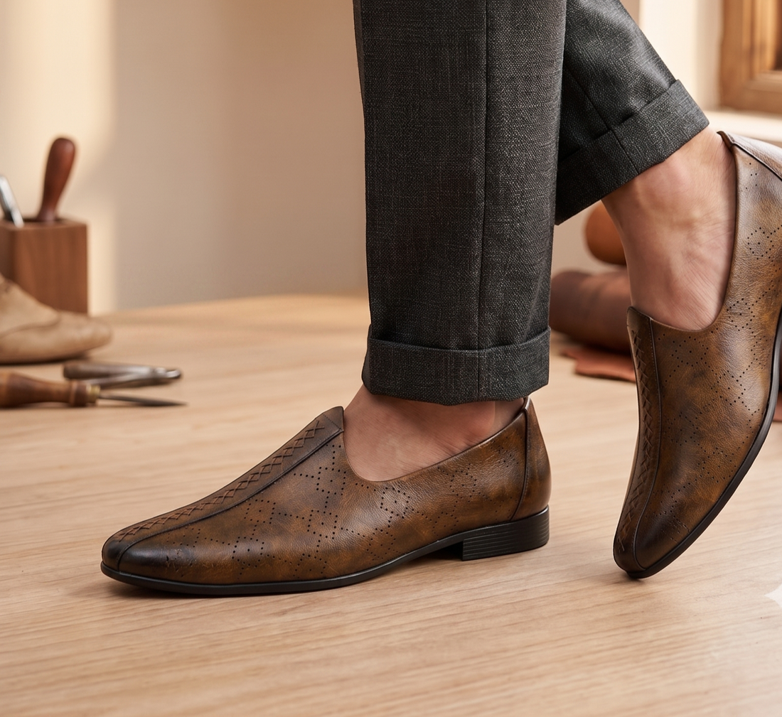 Burnished Tan Cross-Stitched Formal Slip-On Shoes