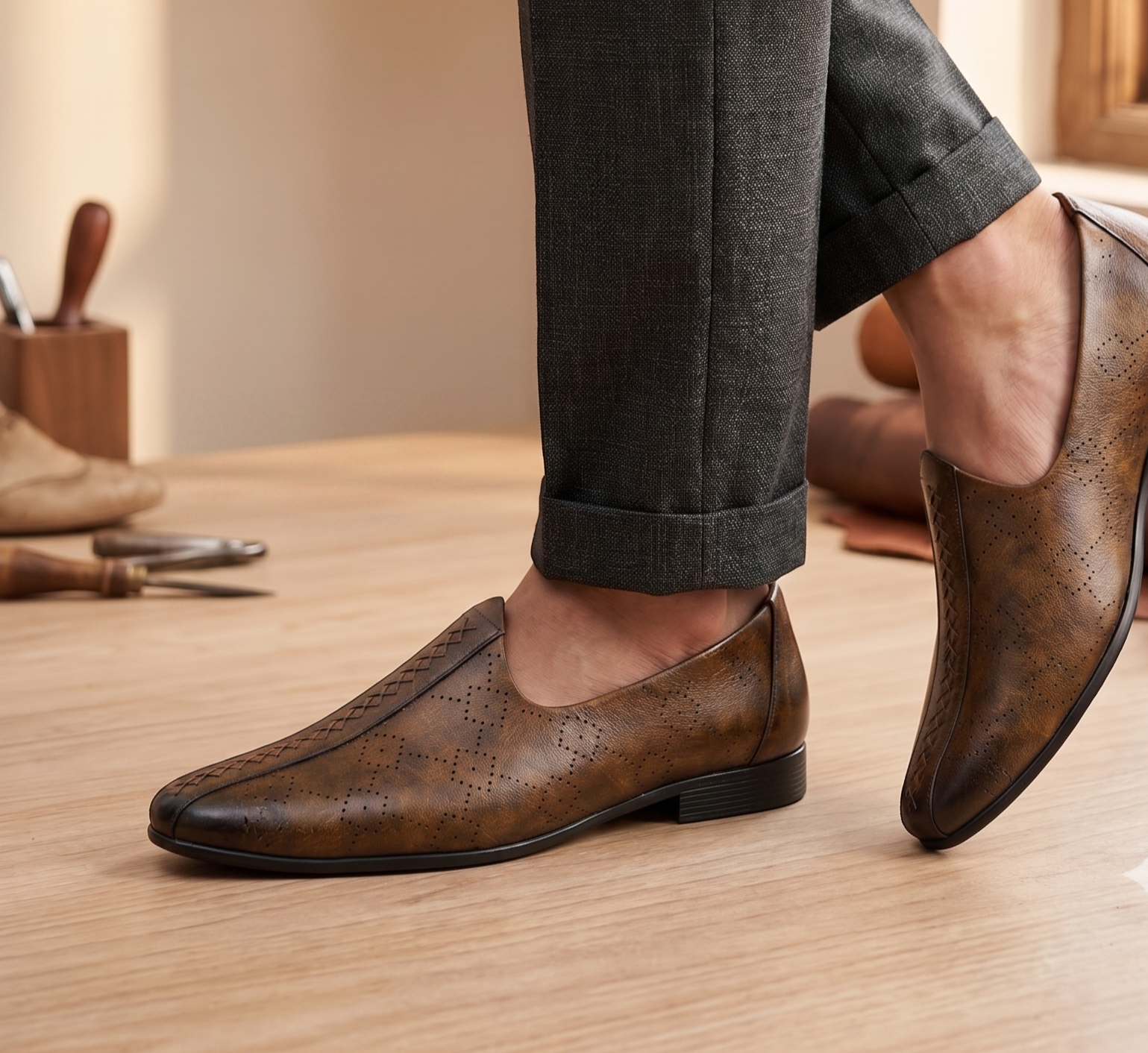 Burnished Tan Cross-Stitched Formal Slip-On Shoes