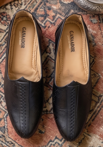 Classic Black Cross-Stitched Formal Slip-On Shoes