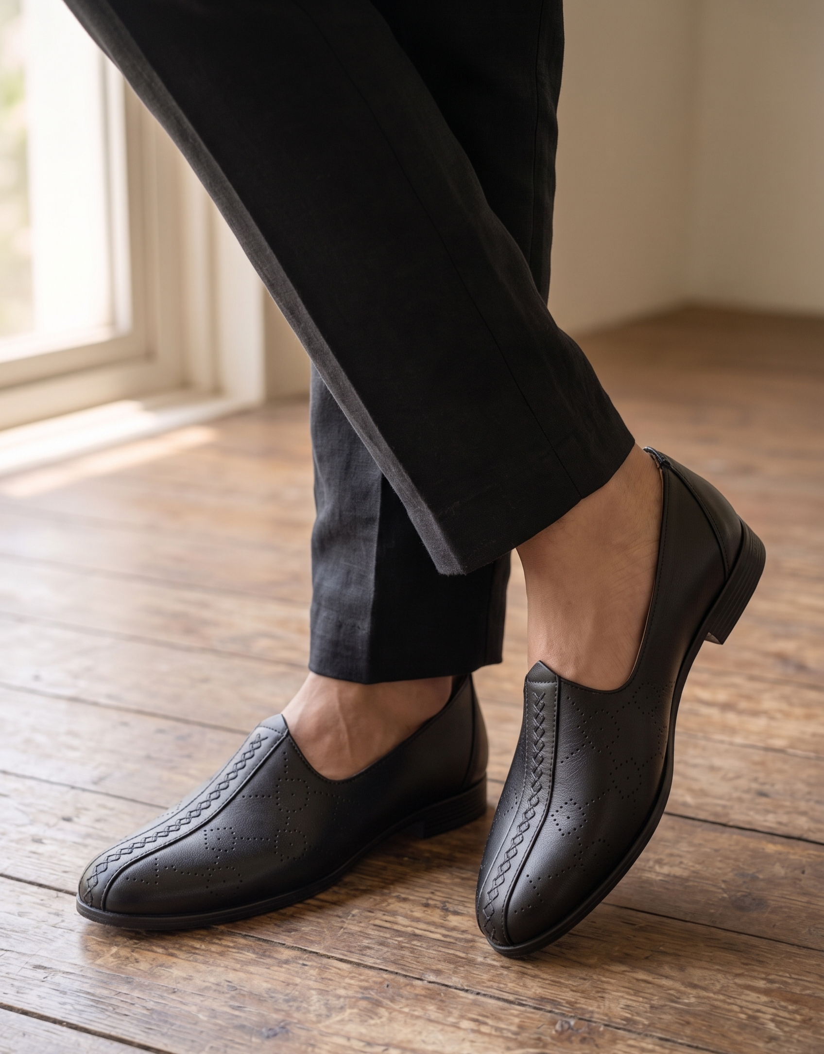 Classic Black Cross-Stitched Formal Slip-On Shoes