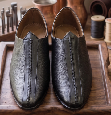 Laser-Etched Black Textured Formal Slip-On Shoes