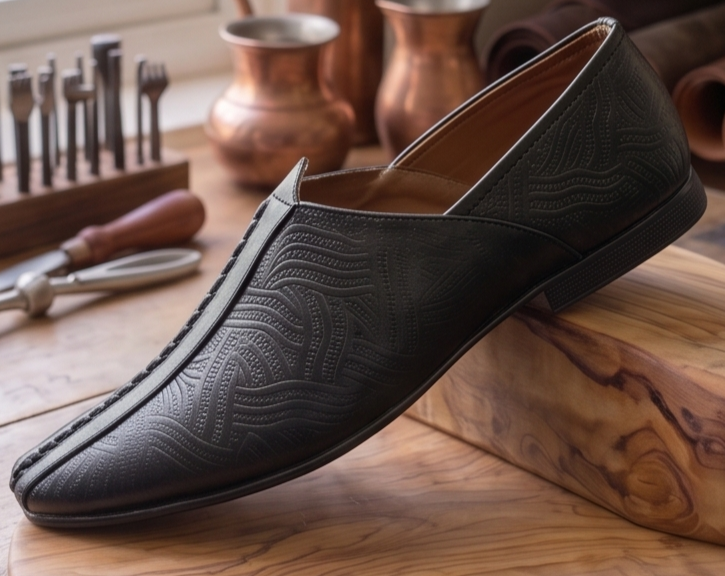 Laser-Etched Black Textured Formal Slip-On Shoes