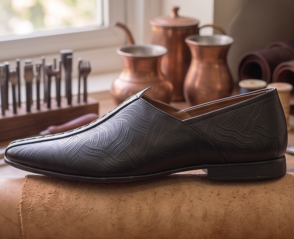Laser-Etched Black Textured Formal Slip-On Shoes