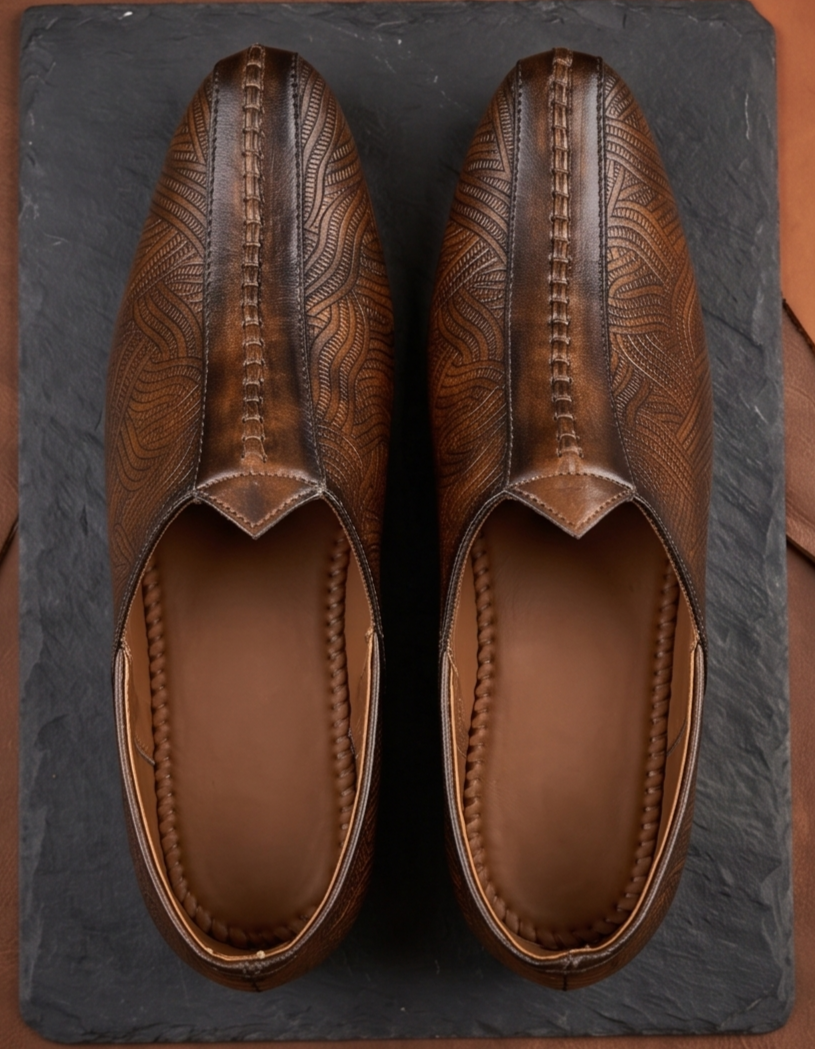 Burnished Tan Wave-Etched Formal Slip-On Shoes