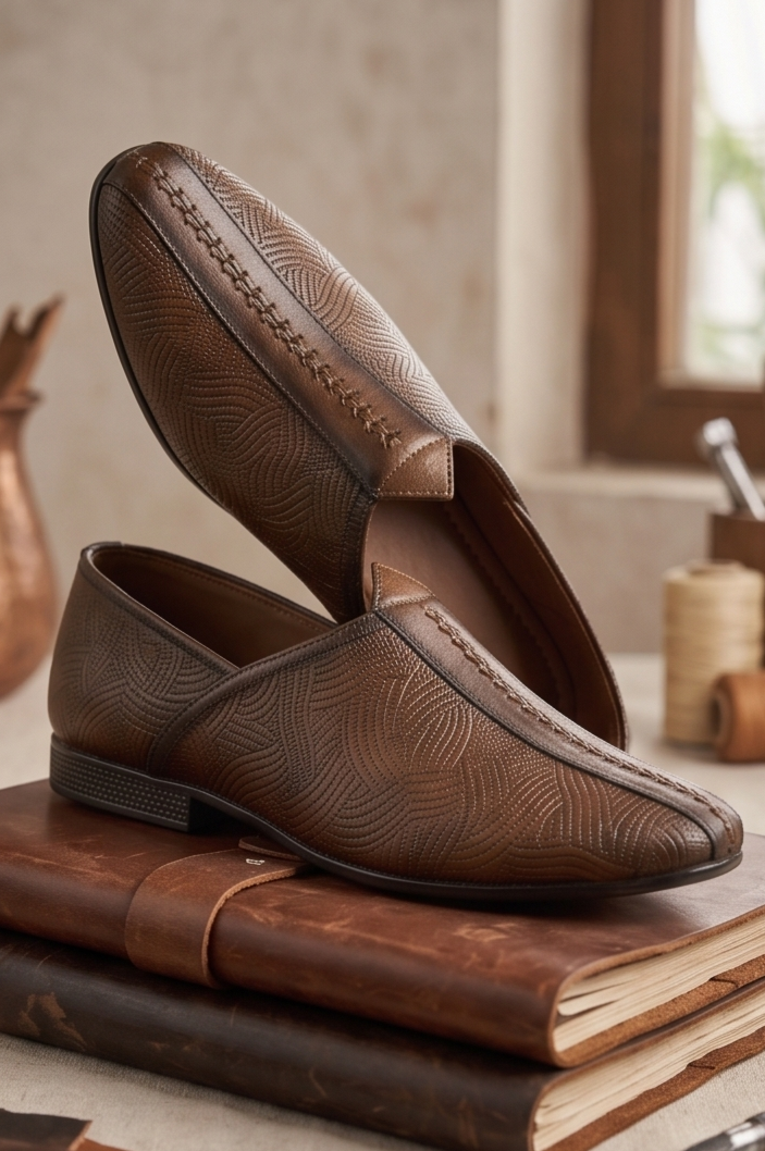 Burnished Tan Wave-Etched Formal Slip-On Shoes