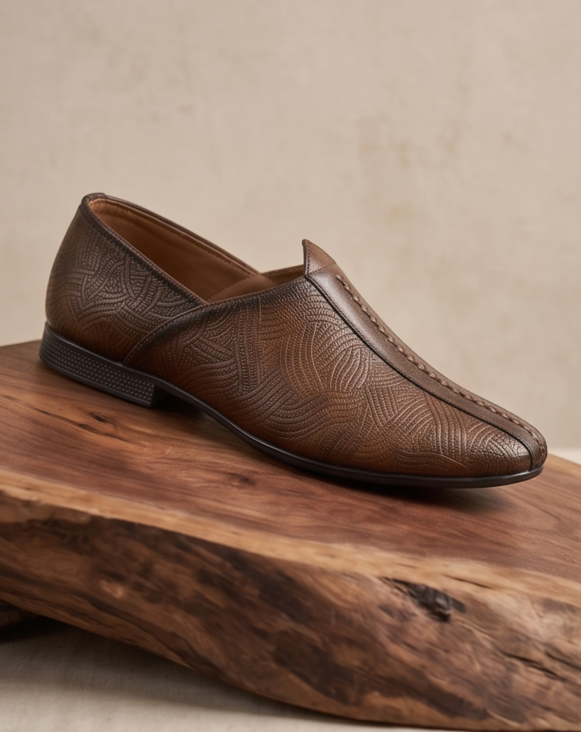 Burnished Tan Wave-Etched Formal Slip-On Shoes