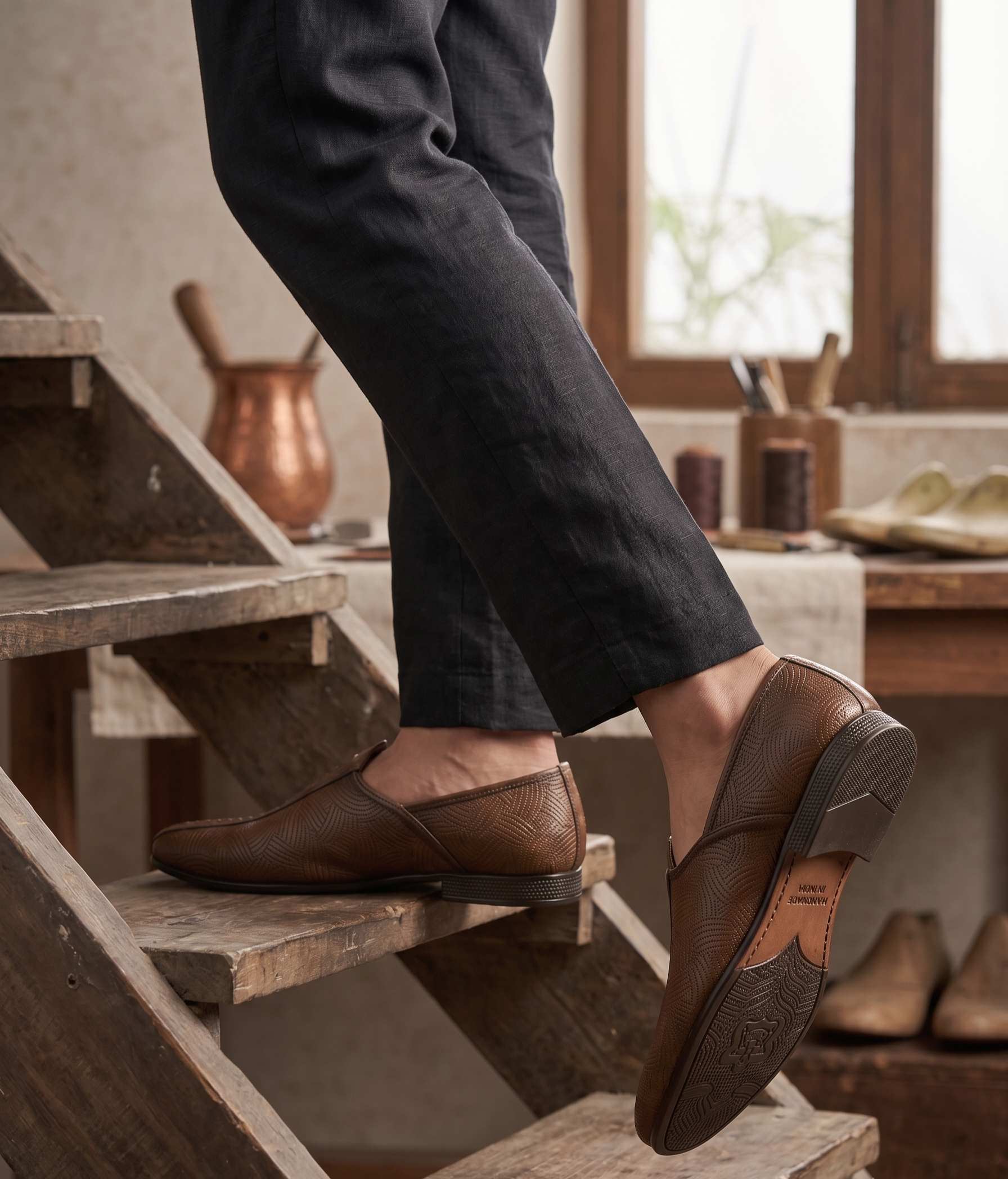 Burnished Tan Wave-Etched Formal Slip-On Shoes