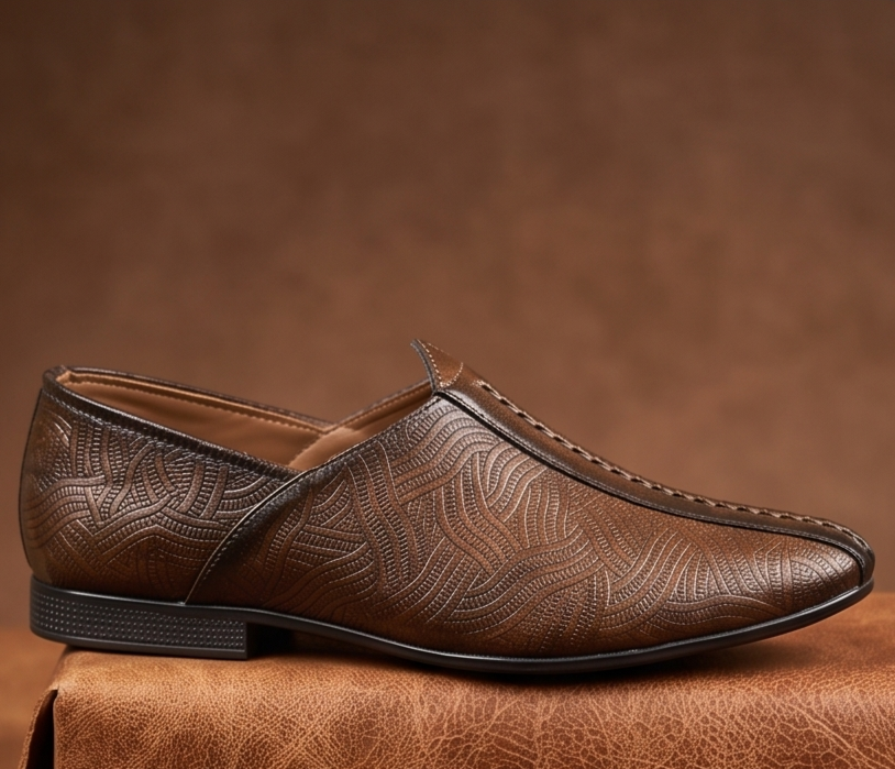 Burnished Tan Wave-Etched Formal Slip-On Shoes