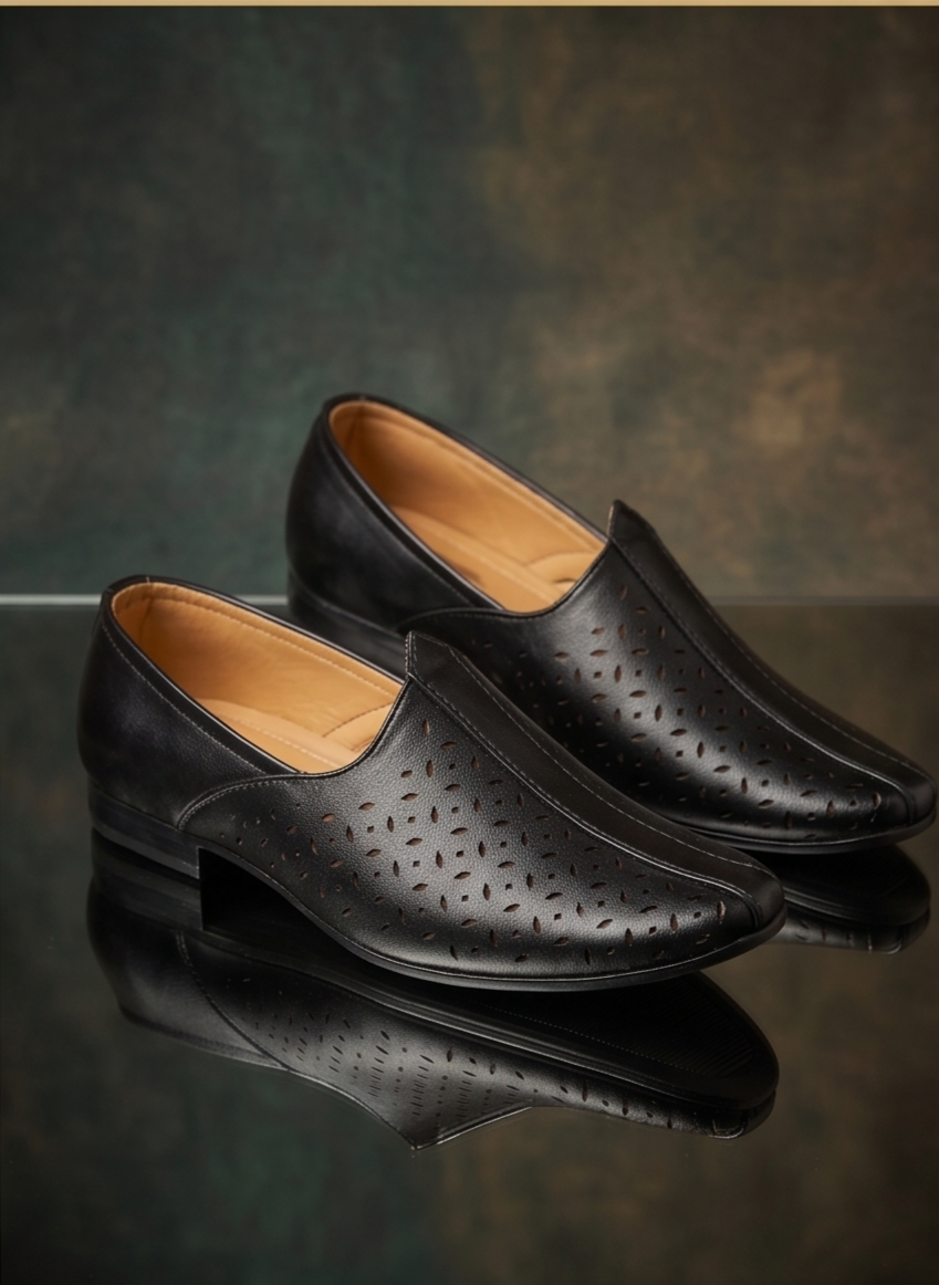 Laser-Cut Perforated Black Formal Slip-On Shoes