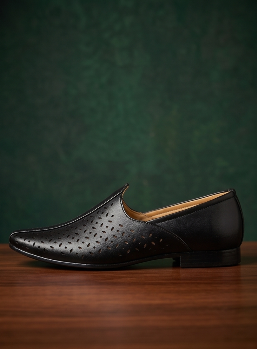 Laser-Cut Perforated Black Formal Slip-On Shoes