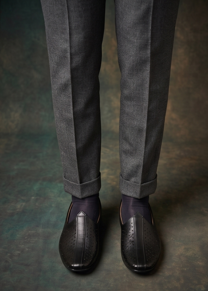 Laser-Cut Perforated Black Formal Slip-On Shoes