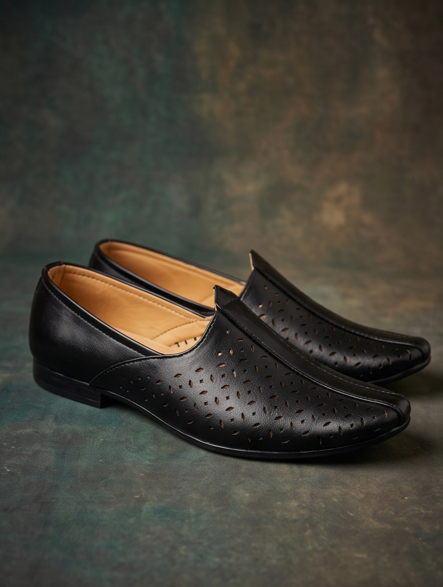 Laser-Cut Perforated Black Formal Slip-On Shoes