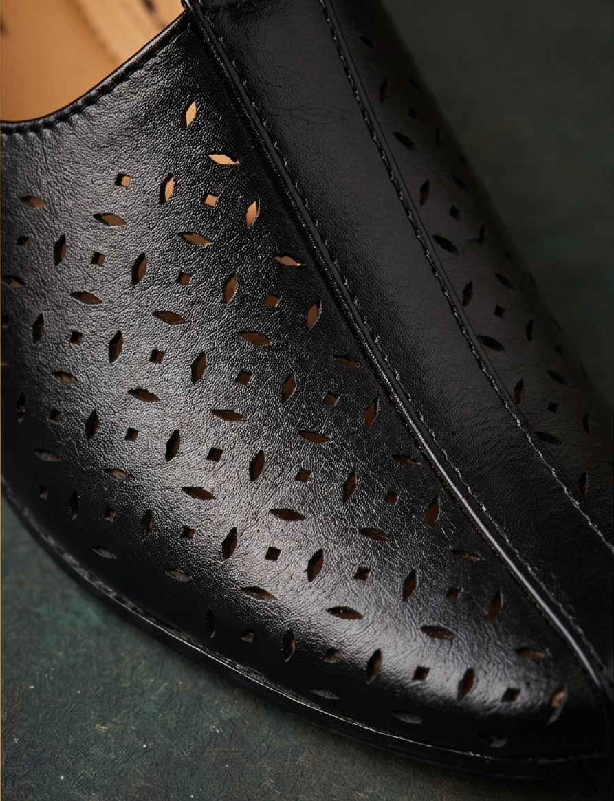 Laser-Cut Perforated Black Formal Slip-On Shoes