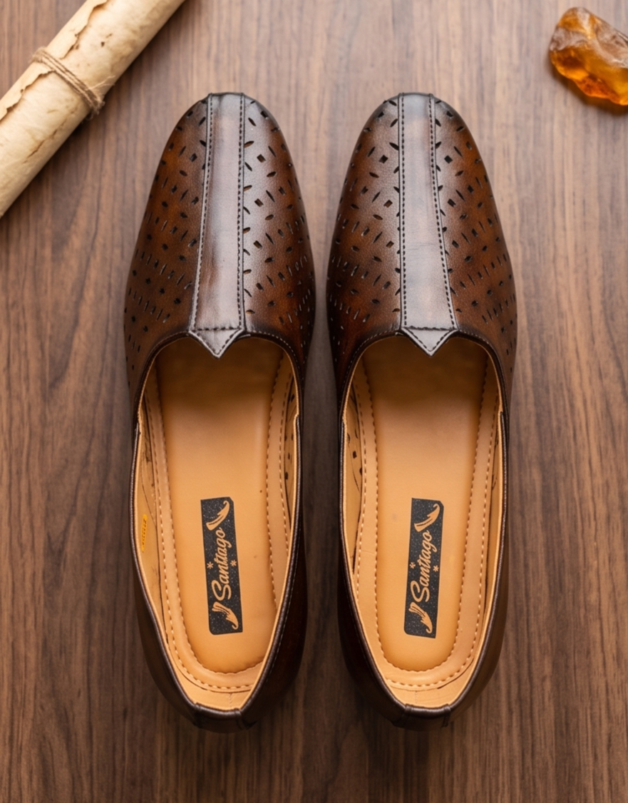 Burnished Dark Tan Laser-Cut Formal Slip-On Shoes