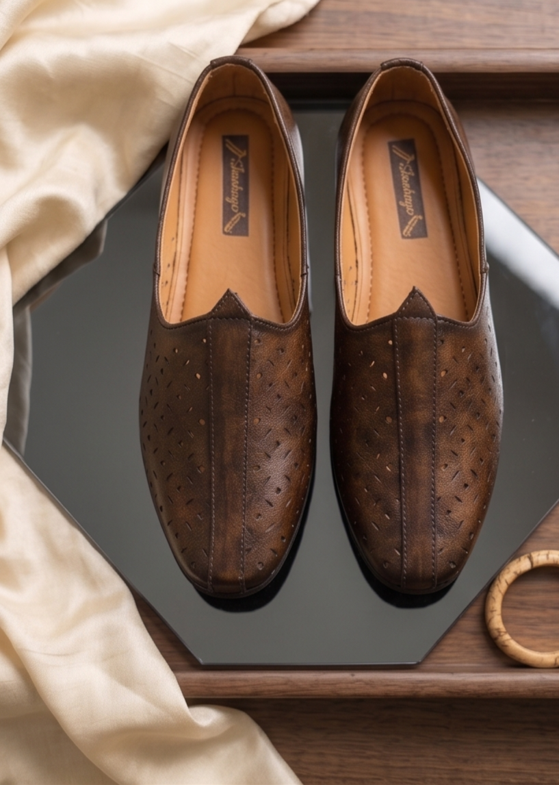 Burnished Dark Tan Laser-Cut Formal Slip-On Shoes