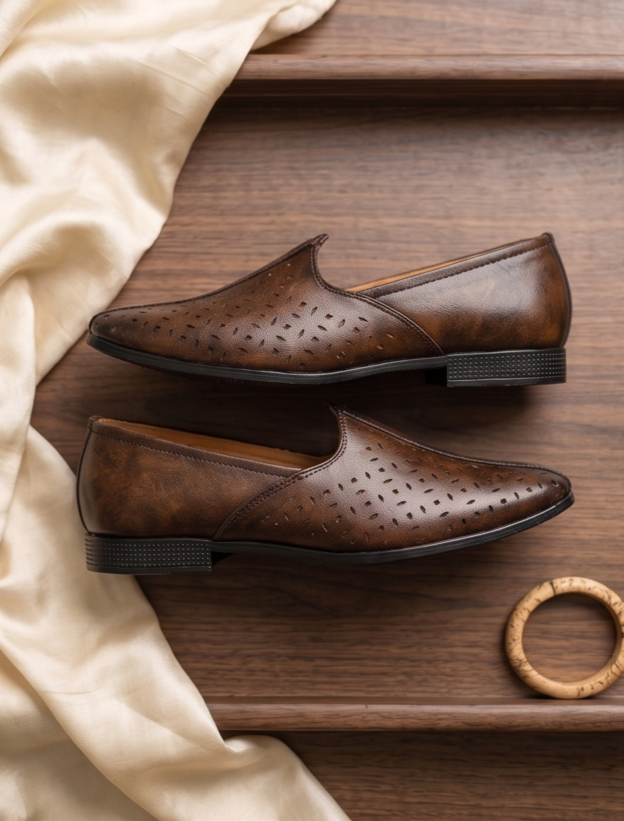 Burnished Dark Tan Laser-Cut Formal Slip-On Shoes