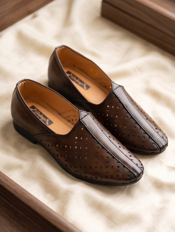 Burnished Dark Tan Laser-Cut Formal Slip-On Shoes