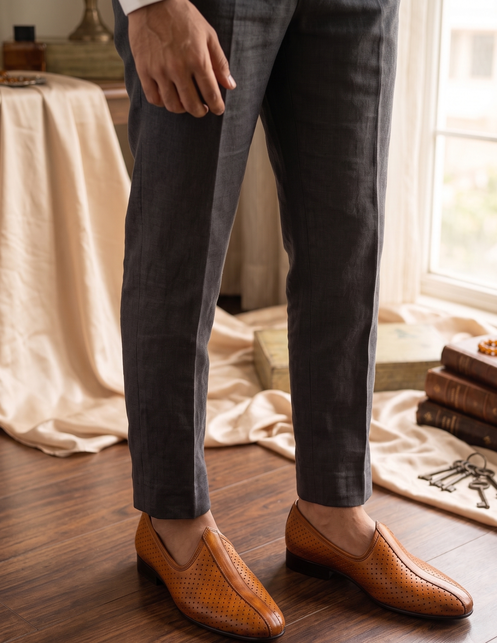Burnished Tan Pin-Dot Formal Slip-On Shoes