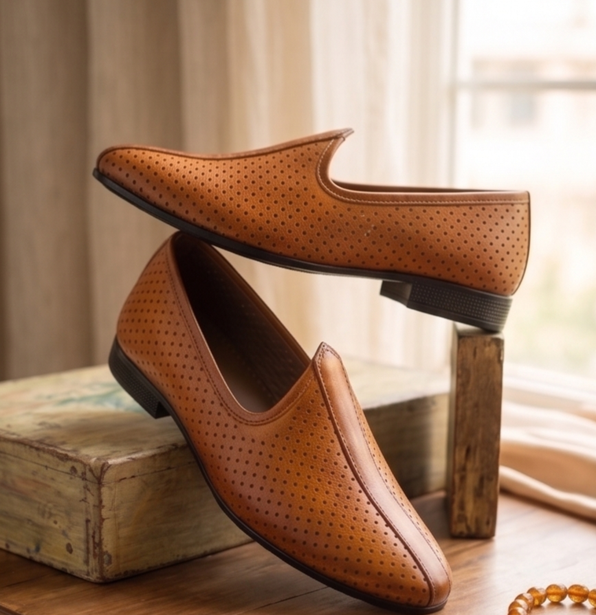 Burnished Tan Pin-Dot Formal Slip-On Shoes