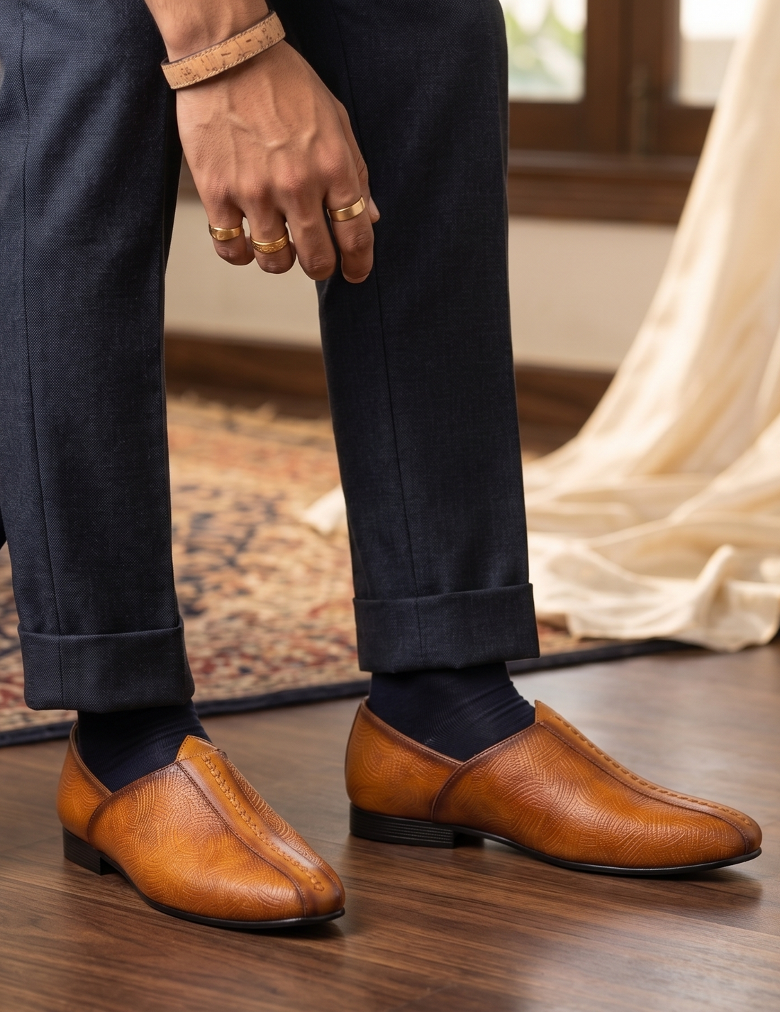 Burnished Light Tan Wave-Etched Formal Slip-On Shoes