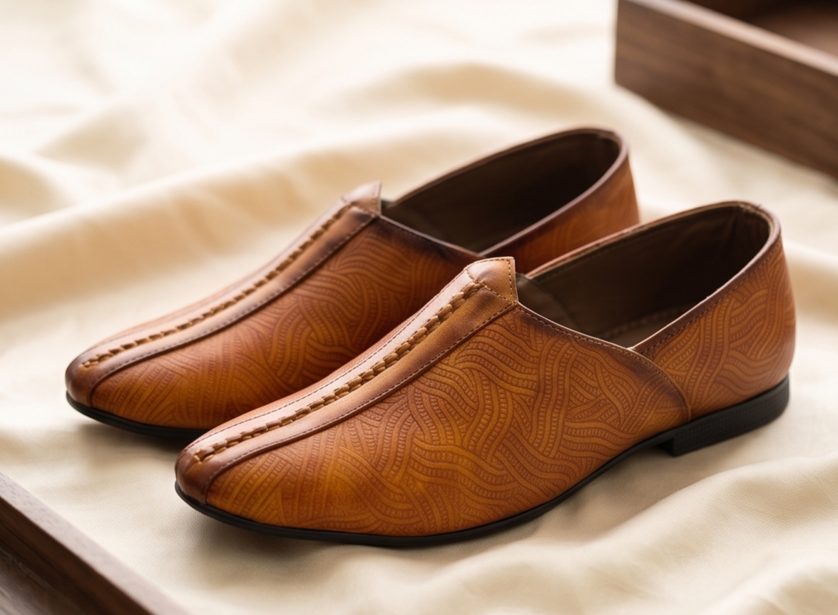 Burnished Light Tan Wave-Etched Formal Slip-On Shoes