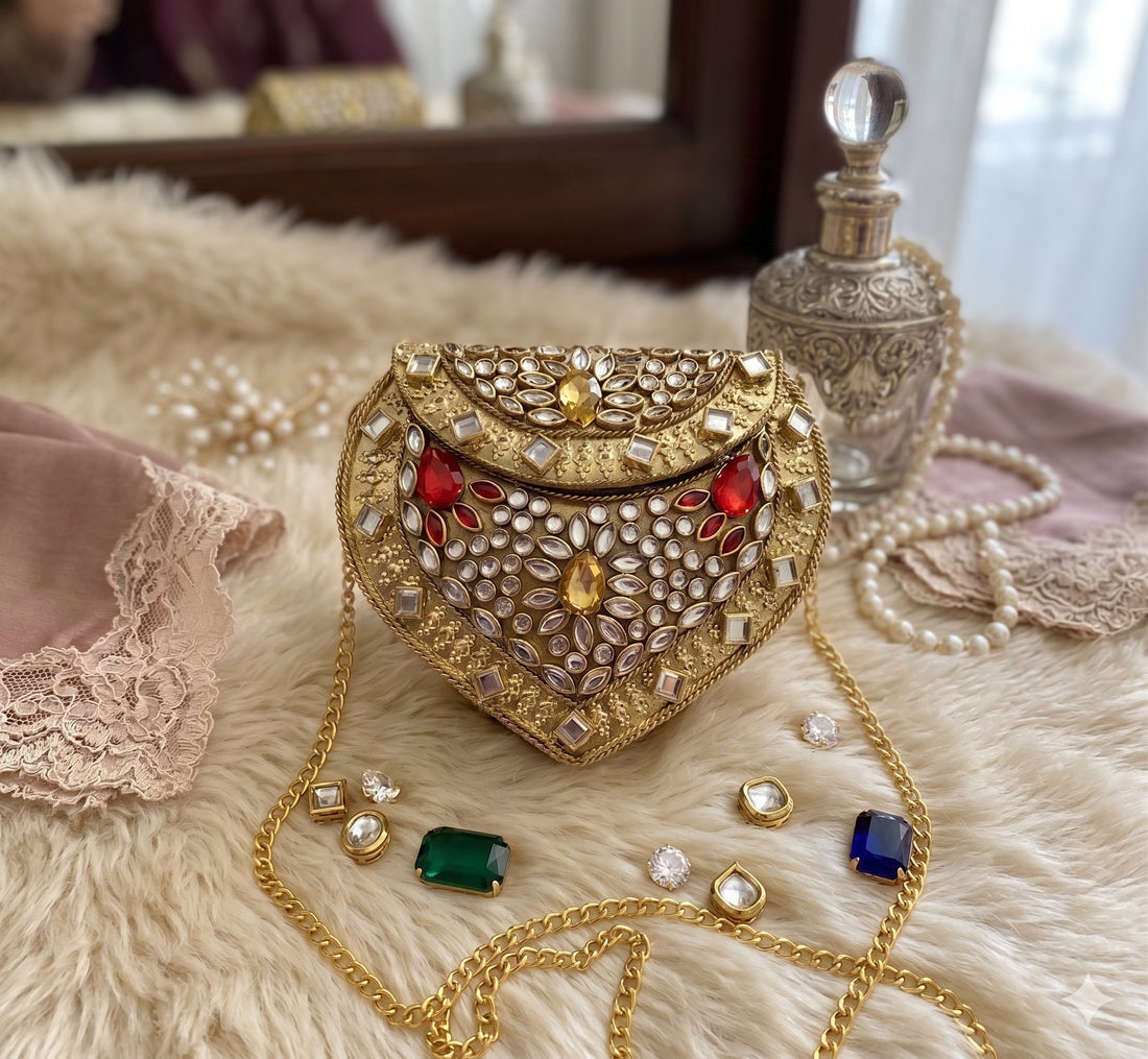 Majestic Kundan Heart Metal Clutch