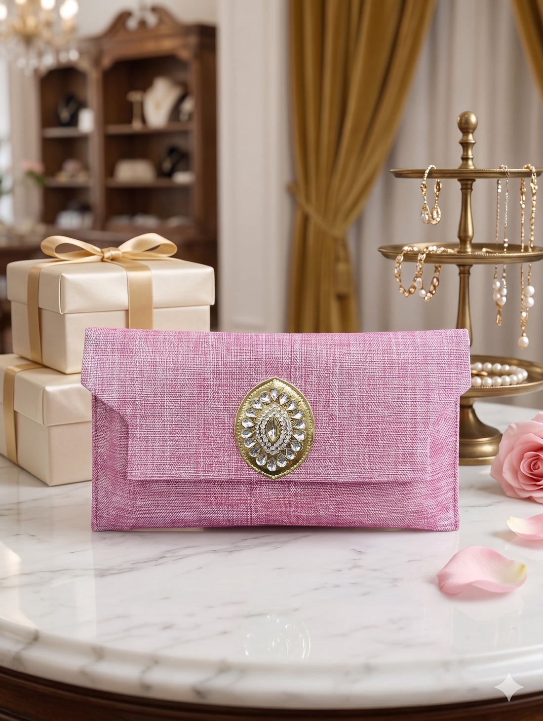 Mauve Pink Woven Clutch with Crystal Brooch