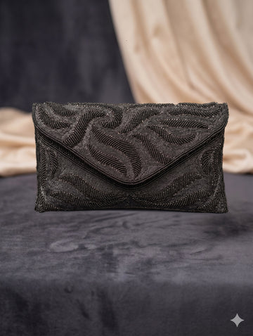 Midnight Raven Swirl Beaded Clutch