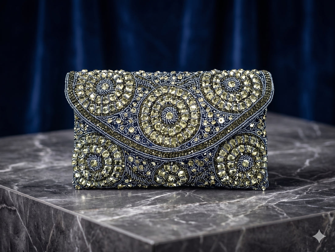 Navy Beaded Clutch