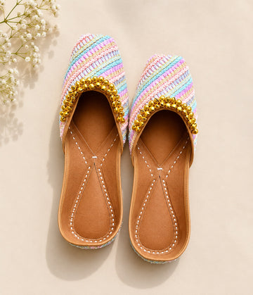 Handcrafted Pastel Stripe & Ghungroo Embellished Punjabi Juttis