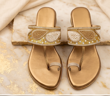 Gold Embellished Paisley Toe-Ring Flat Sandals