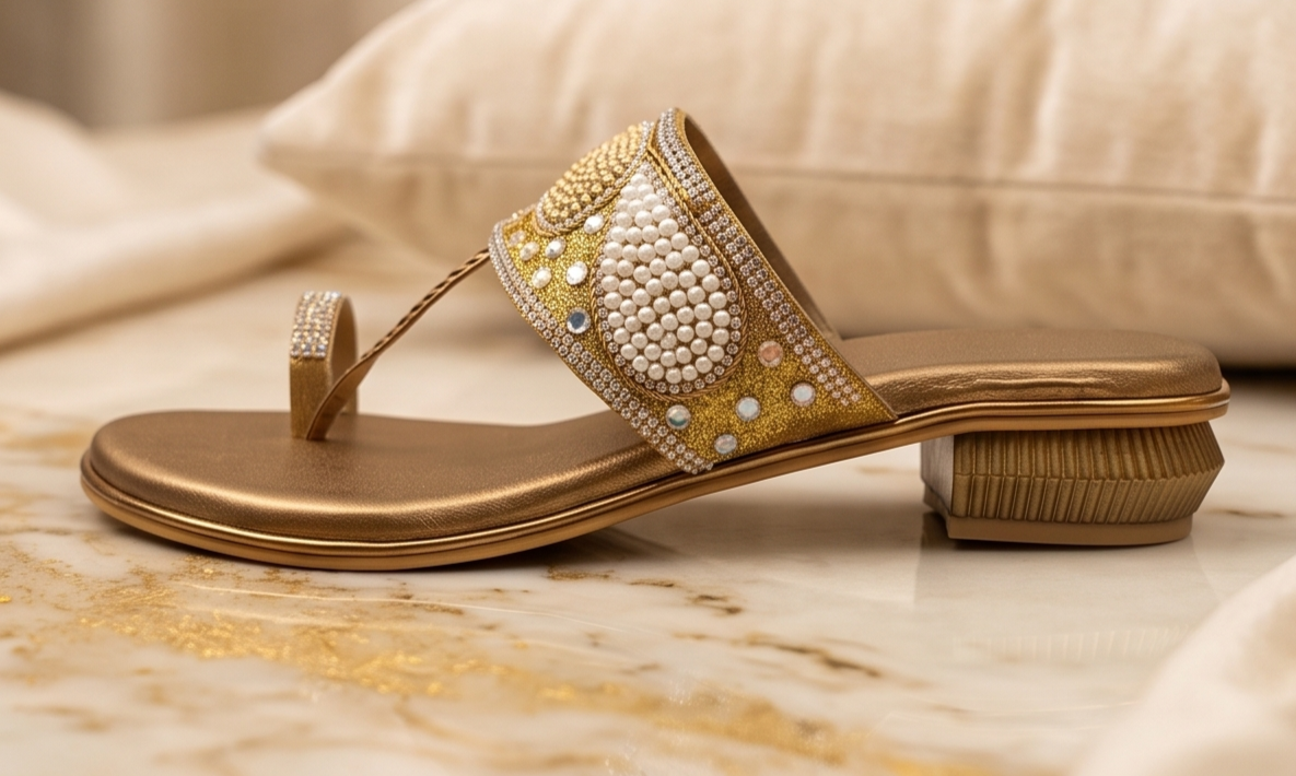 Gold Embellished Paisley Toe-Ring Flat Sandals