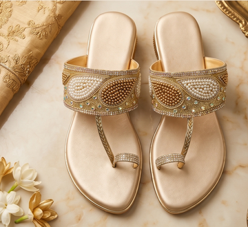 Gold Pearl & Bead Embellished Paisley Toe-Ring Flat Sandals