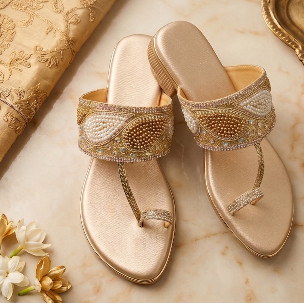 Gold Pearl & Bead Embellished Paisley Toe-Ring Flat Sandals