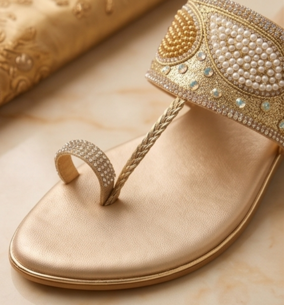 Gold Pearl & Bead Embellished Paisley Toe-Ring Flat Sandals