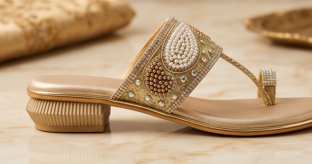 Gold Pearl & Bead Embellished Paisley Toe-Ring Flat Sandals