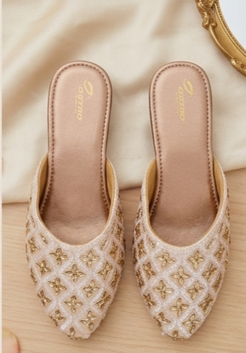 Floral Embroidered Cream & Gold Flat Mules