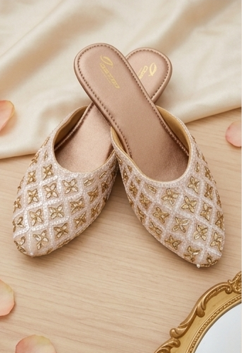Floral Embroidered Cream & Gold Flat Mules