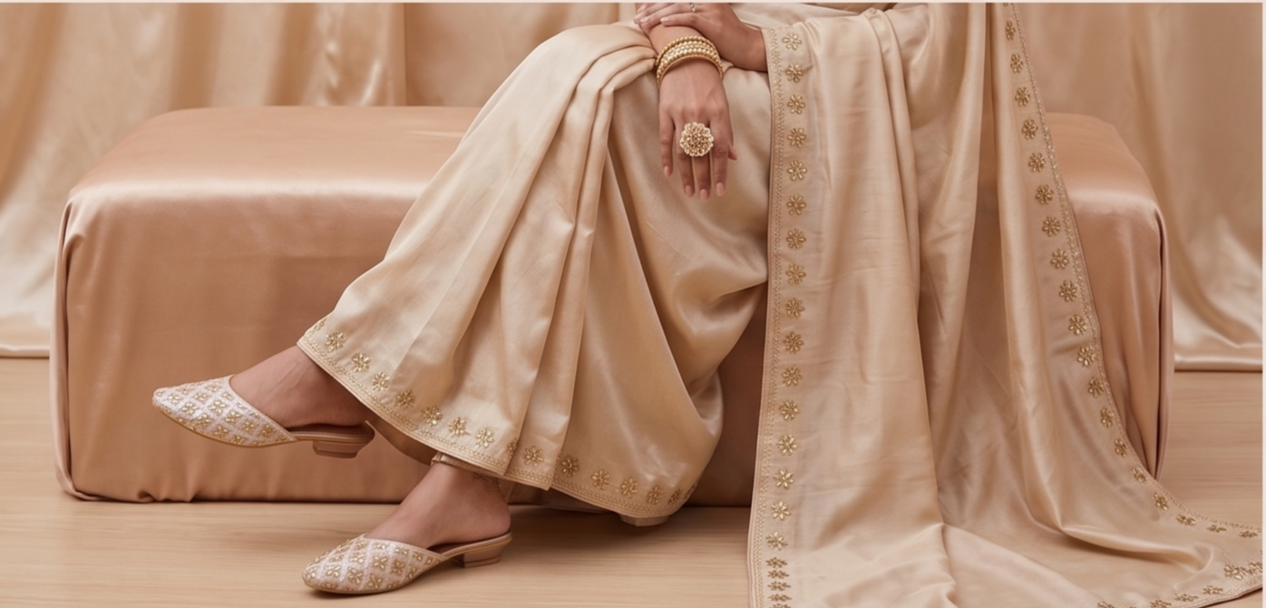 Floral Embroidered Cream & Gold Flat Mules