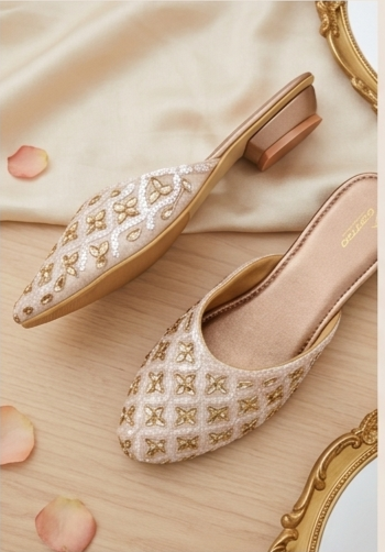 Floral Embroidered Cream & Gold Flat Mules