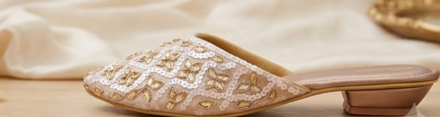 Floral Embroidered Cream & Gold Flat Mules