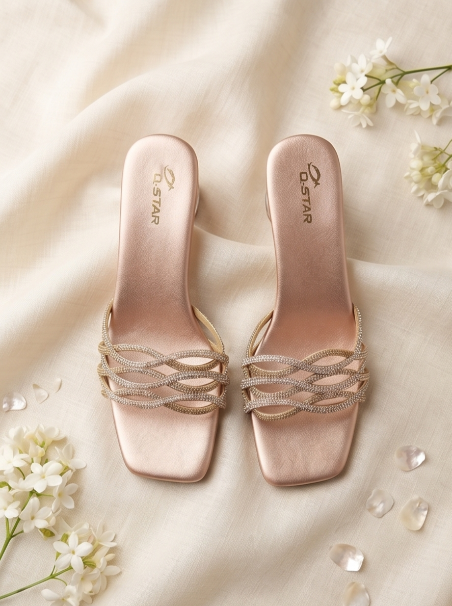 Rose Gold Shimmer Strappy Mule Heels with Sculpted Metallic Block Heel